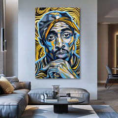 Ručne maľovaný obraz na plátne s motívom Tupac Shakur - Zlaté tóny rapu v zlato-čiernych odtieňoch, intenzívna atmosféra, sláva | Obraz Tupac Shakur - Zlaté tóny rapu – produkt