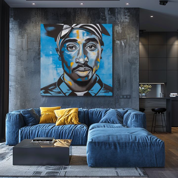Ručne maľovaný obraz na plátne s motívom Tupac Shakur - Rapper v nebi v čierno-bielych odtieňoch, intenzívna atmosféra | Obraz Tupac Shakur - Rapper v nebi – produkt