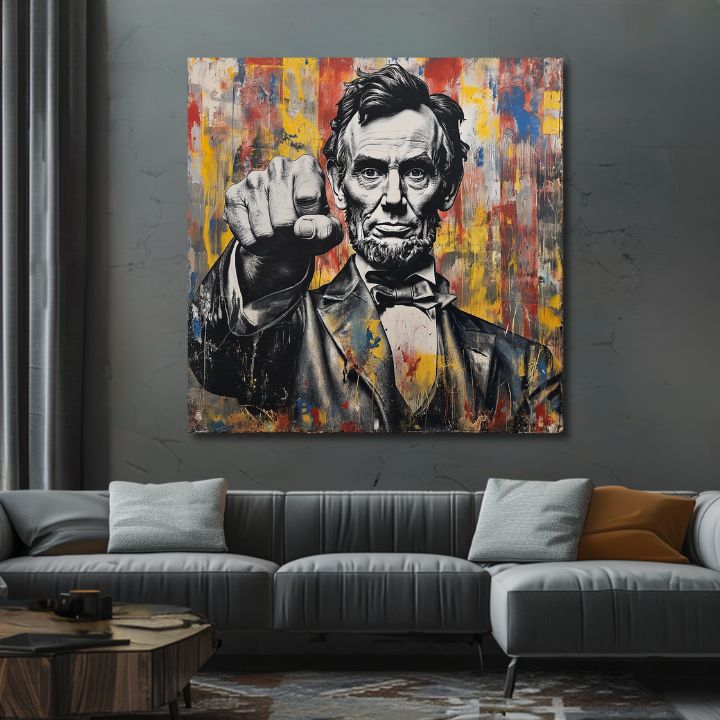 Moderný obraz na plátne s motívom Abraham Lincoln - Sila histórie v čierno-žltých odtieňoch, sila a moc | Obraz Abraham Lincoln - Sila histórie – produkt