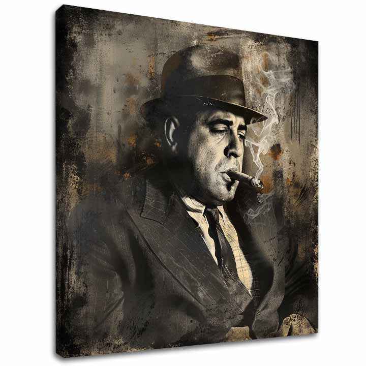 Moderný obraz na plátne s motívom Al Capone - Dym a moc v čierno-bielych odtieňoch | Obraz Al Capone - Dym a moc, nástenná dekorácia – hlavný