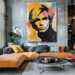 Moderný obraz na plátne s motívom Andy Warhol - Farby popovej revolúcie, vlasy v čierno-žltých odtieňoch, energická atmosféra | Obraz Andy Warhol - Farby popovej revolúcie – produkt