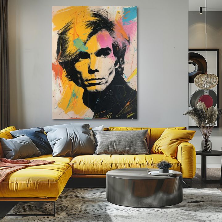 Moderný obraz na plátne s motívom Andy Warhol - Farby popovej revolúcie, vlasy v čierno-žltých odtieňoch, energická atmosféra | Obraz Andy Warhol - Farby popovej revolúcie – produkt, pohľad 2