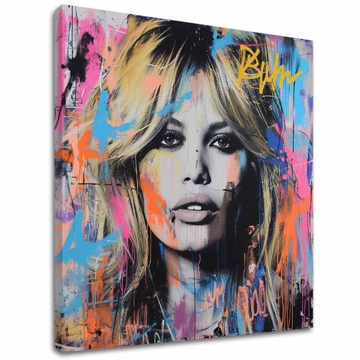 Moderný obraz na plátne s motívom Brigitte Bardot - Krása zachytená na plátne, graffiti v zlato-čiernych odtieňoch, energická atmosféra | Obraz Brigitte Bardot - Krása zachytená na plátne – hlavný