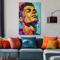 Moderný obraz na plátne s motívom Cristiano Ronaldo - Energia víťaza v oranžovo-fialových odtieňoch, energická atmosféra, sláva | Obraz Cristiano Ronaldo - Energia víťaza – produkt