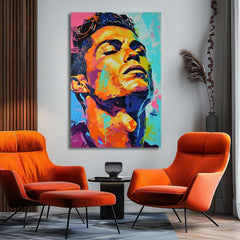 Moderný obraz na plátne s motívom Cristiano Ronaldo - Energia víťaza v oranžovo-fialových odtieňoch, energická atmosféra, sláva | Obraz Cristiano Ronaldo - Energia víťaza – produkt, pohľad 2