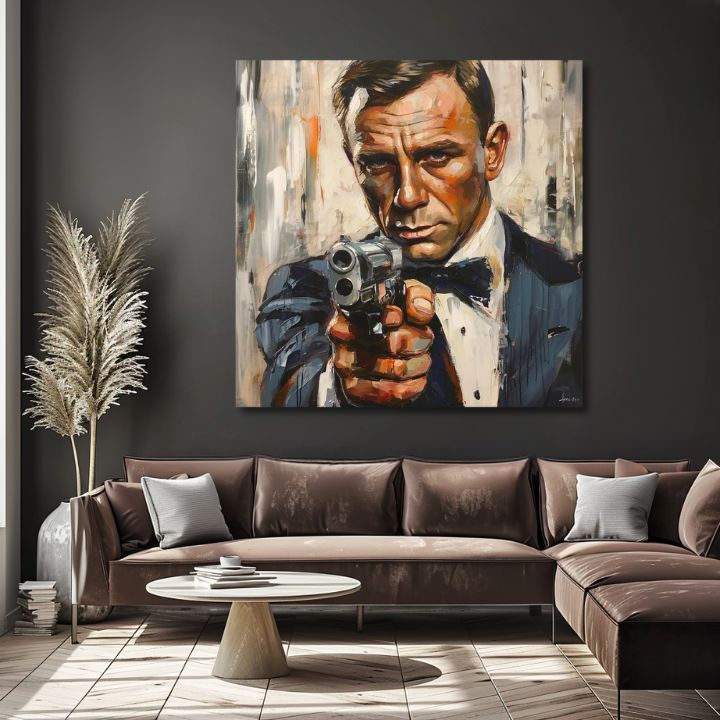 Moderný obraz na plátne s motívom James Bond - Nebezpečná elegancia v oranžových odtieňoch, intenzívna atmosféra, filmový svet | Obraz James Bond - Nebezpečná elegancia – produkt