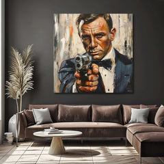 Moderný obraz na plátne s motívom James Bond - Nebezpečná elegancia v oranžových odtieňoch, intenzívna atmosféra, filmový svet | Obraz James Bond - Nebezpečná elegancia – produkt