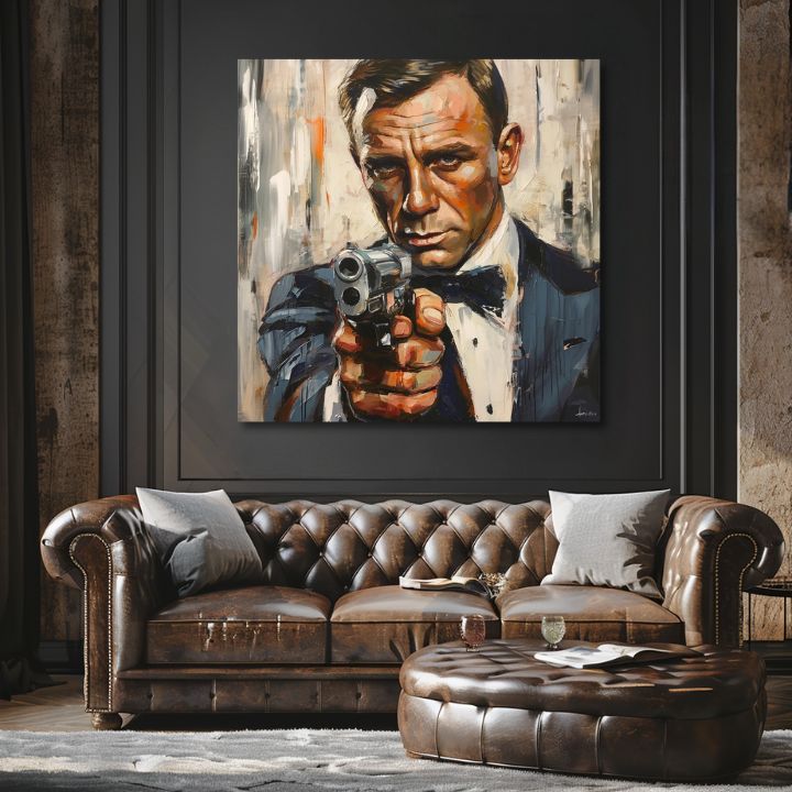 Moderný obraz na plátne s motívom James Bond - Nebezpečná elegancia v oranžových odtieňoch, intenzívna atmosféra, filmový svet | Obraz James Bond - Nebezpečná elegancia – produkt, pohľad 2