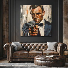 Moderný obraz na plátne s motívom James Bond - Nebezpečná elegancia v oranžových odtieňoch, intenzívna atmosféra, filmový svet | Obraz James Bond - Nebezpečná elegancia – produkt, pohľad 2