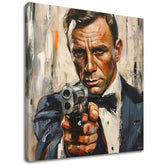 Moderný obraz na plátne s motívom James Bond - Nebezpečná elegancia v oranžových odtieňoch, intenzívna atmosféra, filmový svet | Obraz James Bond - Nebezpečná elegancia – hlavný