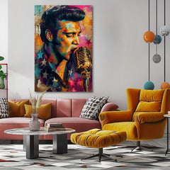 Moderný obraz na plátne s motívom Elvis Presley - Zlatý hlas rock’n’rollu, mikrofón v oranžovo-fialových odtieňoch, energická atmosféra | Obraz Elvis Presley - Zlatý hlas rock’n’rollu – produkt