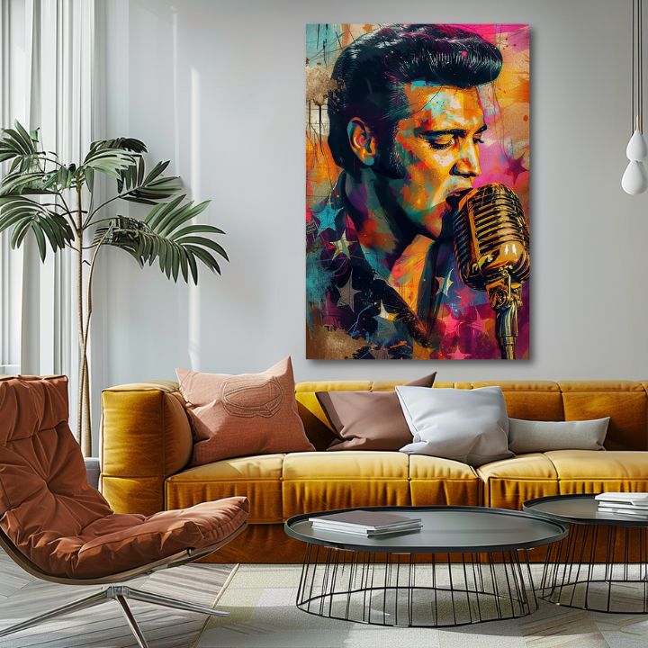 Moderný obraz na plátne s motívom Elvis Presley - Zlatý hlas rock’n’rollu, mikrofón v oranžovo-fialových odtieňoch, energická atmosféra | Obraz Elvis Presley - Zlatý hlas rock’n’rollu – p..., pohľad 2