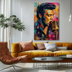 Moderný obraz na plátne s motívom Elvis Presley - Zlatý hlas rock’n’rollu, mikrofón v oranžovo-fialových odtieňoch, energická atmosféra | Obraz Elvis Presley - Zlatý hlas rock’n’rollu – p..., pohľad 2