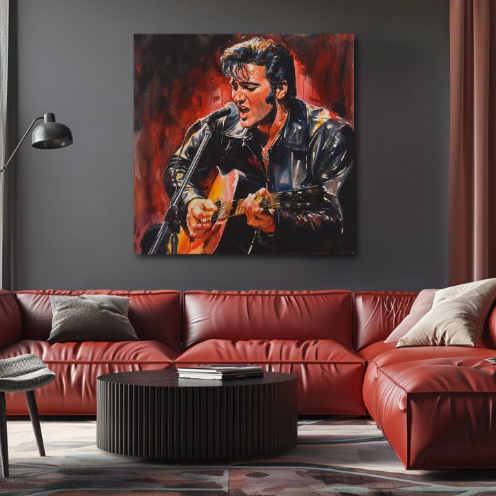 Obraz Elvis Presley nad červenou sedačkou v obývačke – set Rock Legends