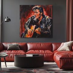 Obraz Elvis Presley nad červenou sedačkou v obývačke – set Rock Legends