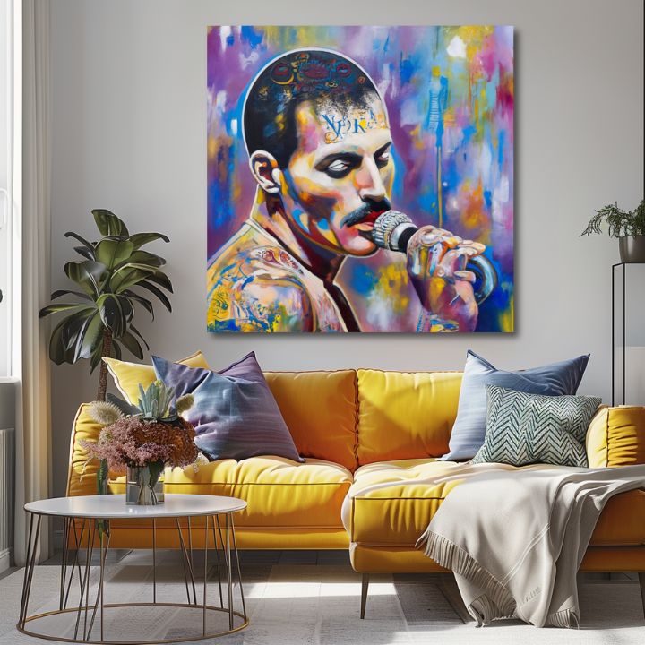 Obraz Freddie Mercury nad žltou sedačkou v obývačke – set Rock Legends