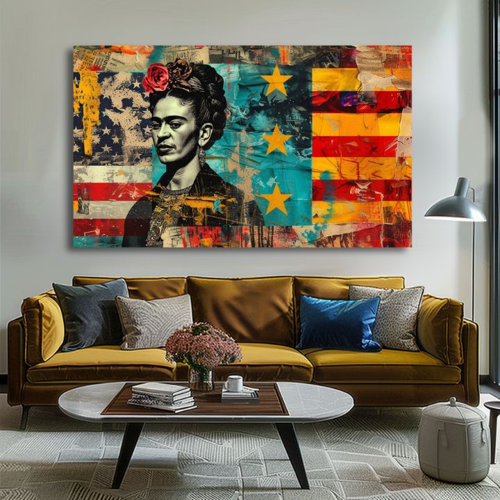 Moderný obraz na plátne s motívom Frida Kahlo - Kultúrny odkaz, kvety v červeno-tyrkysových odtieňoch, odvážna atmosféra | Obraz Frida Kahlo - Kultúrny odkaz – produkt, pohľad 2