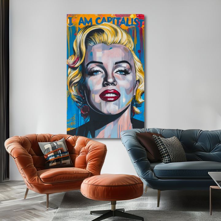 Moderný obraz na plátne s motívom Marilyn Monroe - Kapitalistický šarm v zlato-červených odtieňoch, odvážna atmosféra, sláva | Obraz Marilyn Monroe - Kapitalistický šarm – produkt, pohľad 2