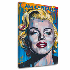 Moderný obraz na plátne s motívom Marilyn Monroe - Kapitalistický šarm v zlato-červených odtieňoch, odvážna atmosféra, sláva | Obraz Marilyn Monroe - Kapitalistický šarm – hlavný