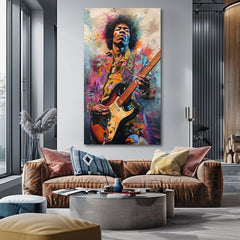 Moderný obraz na plátne s motívom Jimi Hendrix - Ohnivé tóny v čierno-žltých odtieňoch, energická atmosféra, rock and roll a kreativita | Obraz Jimi Hendrix - Ohnivé tóny – produkt