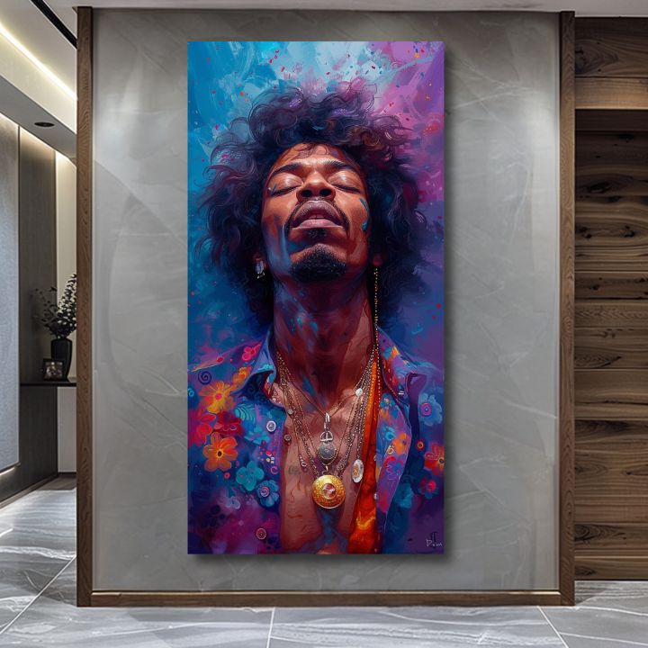 Moderný obraz na plátne s motívom Jimi Hendrix - Explózia harmónie v modro-zlatých odtieňoch, pokojná atmosféra, duchovnosť | Obraz Jimi Hendrix - Explózia harmónie – produkt