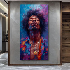 Moderný obraz na plátne s motívom Jimi Hendrix - Explózia harmónie v modro-zlatých odtieňoch, pokojná atmosféra, duchovnosť | Obraz Jimi Hendrix - Explózia harmónie – produkt
