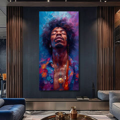 Moderný obraz na plátne s motívom Jimi Hendrix - Explózia harmónie v modro-zlatých odtieňoch, pokojná atmosféra, duchovnosť | Obraz Jimi Hendrix - Explózia harmónie – produkt, pohľad 2