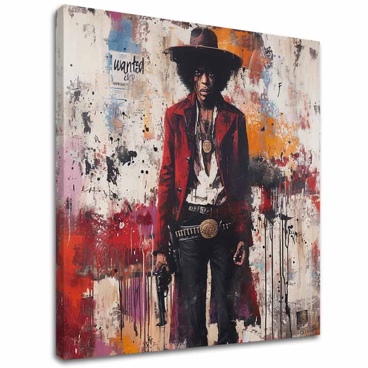 Moderný obraz na plátne s motívom Jimi Hendrix - Divoký západ v akryle v bielo-červených odtieňoch, drzá atmosféra, rock and roll a hudobná história – hlavný