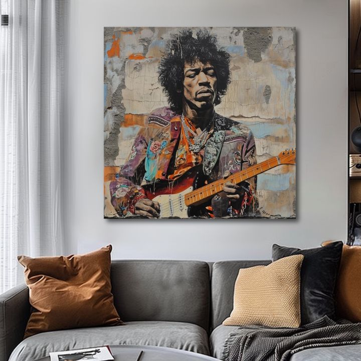Moderný obraz na plátne s motívom Jimi Hendrix - Gitarová poézia v modrých odtieňoch, hudobná história | Obraz Jimi Hendrix - Gitarová poézia – produkt
