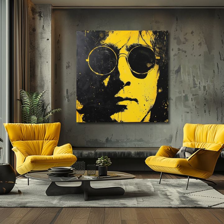 Moderný obraz na plátne s motívom John Lennon - Žltý odraz reality v čierno-žltých odtieňoch, odvážna atmosféra, ikonografia | Obraz John Lennon - Žltý odraz reality – produkt