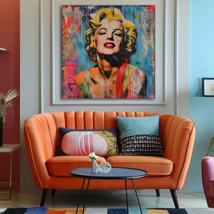 Moderný obraz na plátne s motívom Marilyn Monroe - Rebelka vo farbách v žlto-červených odtieňoch, energická atmosféra, sláva a ikonografia | Obraz Marilyn Monroe - Rebelka vo farbách – produkt