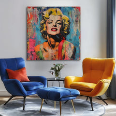 Moderný obraz na plátne s motívom Marilyn Monroe - Rebelka vo farbách v žlto-červených odtieňoch, energická atmosféra, sláva a ikonografia | Obraz Marilyn Monroe - Rebelka vo farbách – pr..., pohľad 2