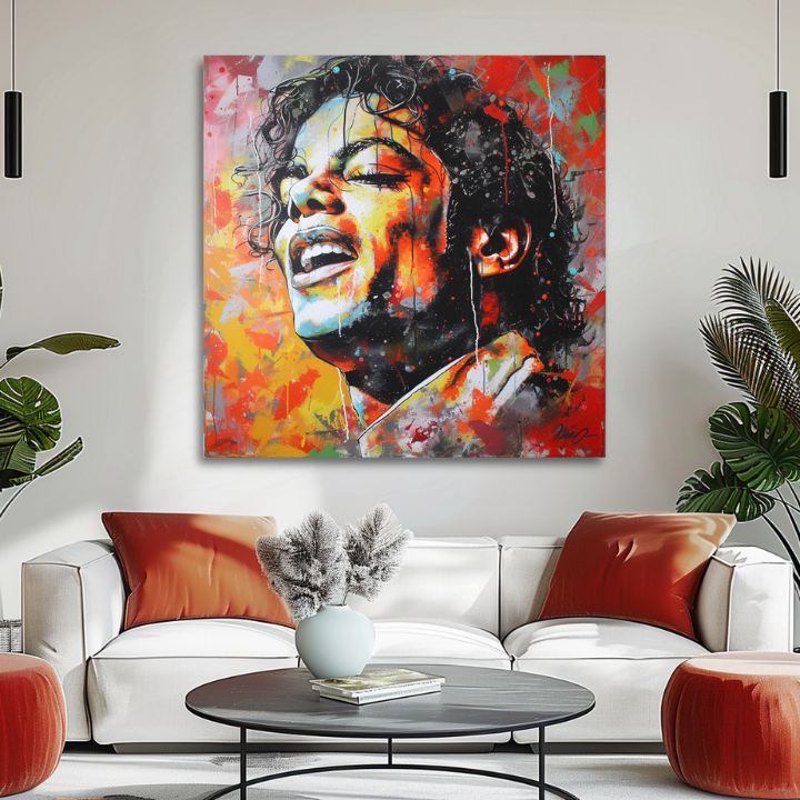Moderný obraz na plátne s motívom Michael Jackson - Hlas generácií v červeno-zlatých odtieňoch, energická atmosféra | Obraz Michael Jackson - Hlas generácií – produkt