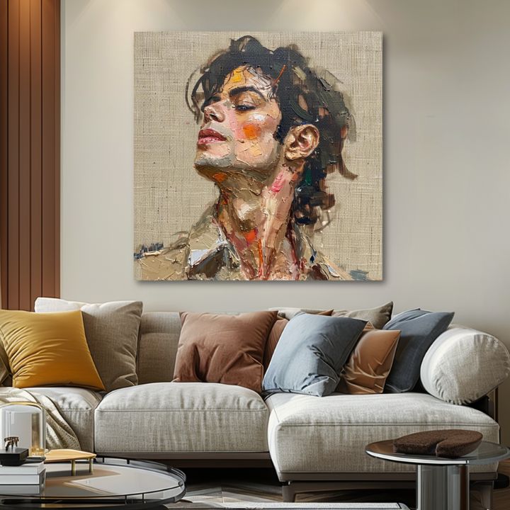 Moderný obraz na plátne s motívom Michael Jackson - Melódia vášne v béžovo-hnedých odtieňoch, sláva a nostalgia | Obraz Michael Jackson - Melódia vášne – produkt