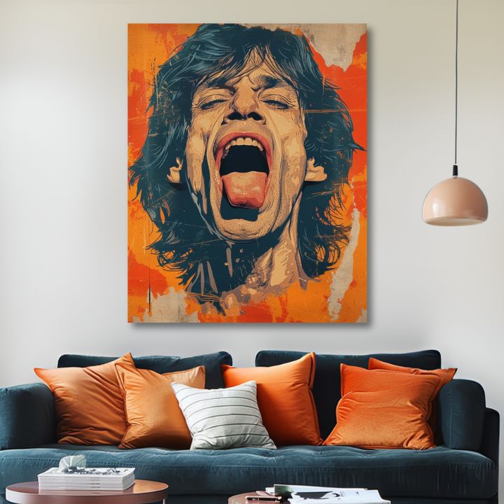 Moderný obraz na plátne s motívom Mick Jagger - Sila rockovej scény v oranžovo-červených odtieňoch, energická atmosféra, rock and roll a ikonografia – produkt