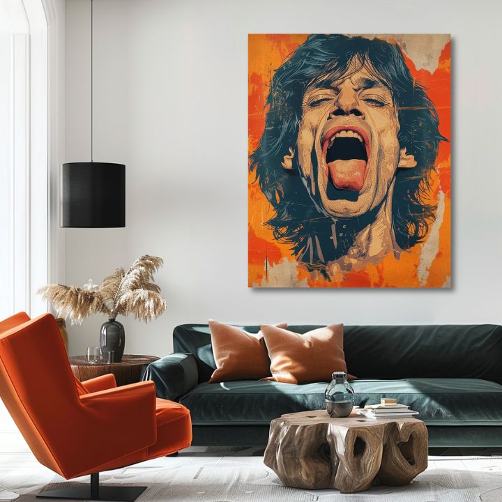 Moderný obraz na plátne s motívom Mick Jagger - Sila rockovej scény v oranžovo-červených odtieňoch, energická atmosféra, rock and roll a ikonografia – produkt, pohľad 2