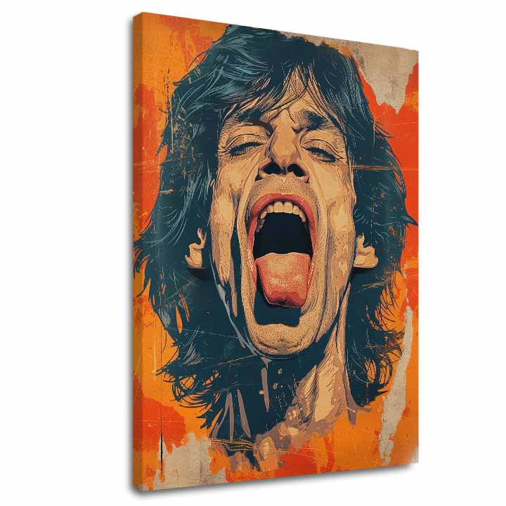 Moderný obraz na plátne s motívom Mick Jagger - Sila rockovej scény v oranžovo-červených odtieňoch, energická atmosféra, rock and roll a ikonografia – hlavný