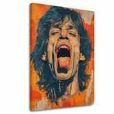 Moderný obraz na plátne s motívom Mick Jagger - Sila rockovej scény v oranžovo-červených odtieňoch, energická atmosféra, rock and roll a ikonografia – hlavný
