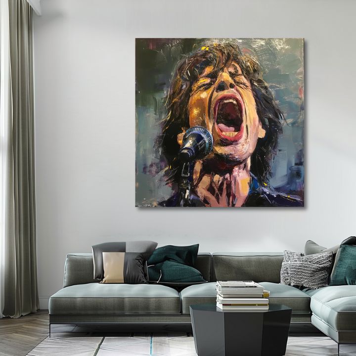 Moderný obraz na plátne s motívom Mick Jagger - Legenda na pódiu, mikrofón v červených odtieňoch, vášnivá atmosféra, vášeň | Obraz Mick Jagger - Legenda na pódiu – produkt