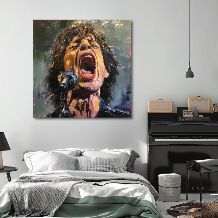 Moderný obraz na plátne s motívom Mick Jagger - Legenda na pódiu, mikrofón v červených odtieňoch, vášnivá atmosféra, vášeň | Obraz Mick Jagger - Legenda na pódiu – produkt, pohľad 2