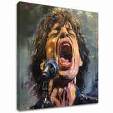 Moderný obraz na plátne s motívom Mick Jagger - Legenda na pódiu, mikrofón v červených odtieňoch, vášnivá atmosféra, vášeň | Obraz Mick Jagger - Legenda na pódiu – hlavný