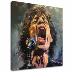 Moderný obraz na plátne s motívom Mick Jagger - Legenda na pódiu, mikrofón v červených odtieňoch, vášnivá atmosféra, vášeň | Obraz Mick Jagger - Legenda na pódiu – hlavný