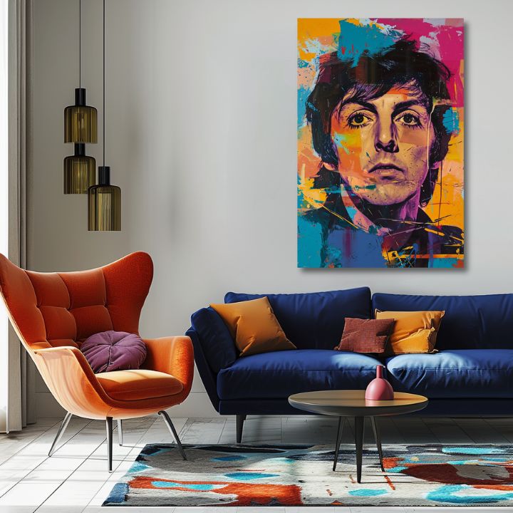 Ručne maľovaný obraz na plátne s motívom Paul McCartney - Beatlesovský génius v žlto-fialových odtieňoch, energická atmosféra | Obraz Paul McCartney - Beatlesovský génius – produkt, pohľad 2