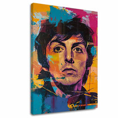 Ručne maľovaný obraz na plátne s motívom Paul McCartney - Beatlesovský génius v žlto-fialových odtieňoch, energická atmosféra | Obraz Paul McCartney - Beatlesovský génius – hlavný
