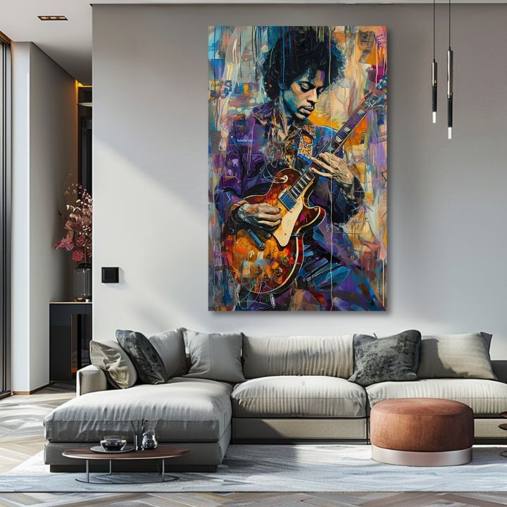 Moderný obraz na plátne s motívom Jimi Hendrix - Gitara v plameňoch v fialovo-bielych odtieňoch, energická atmosféra, kreativita | Obraz Jimi Hendrix - Gitara v plameňoch – produkt