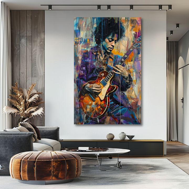 Moderný obraz na plátne s motívom Jimi Hendrix - Gitara v plameňoch v fialovo-bielych odtieňoch, energická atmosféra, kreativita | Obraz Jimi Hendrix - Gitara v plameňoch – produkt, pohľad 2