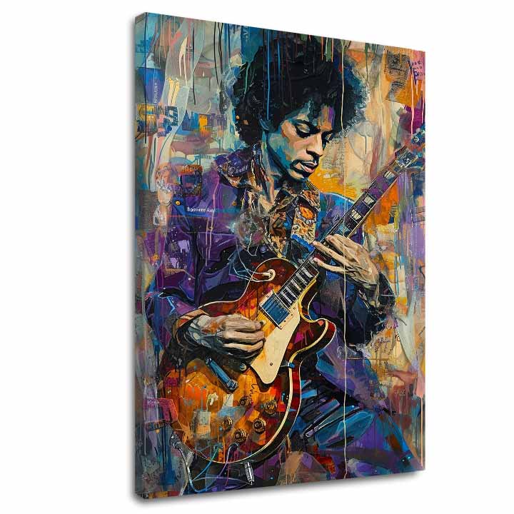 Moderný obraz na plátne s motívom Jimi Hendrix - Gitara v plameňoch v fialovo-bielych odtieňoch, energická atmosféra, kreativita | Obraz Jimi Hendrix - Gitara v plameňoch – hlavný
