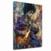 Moderný obraz na plátne s motívom Jimi Hendrix - Gitara v plameňoch v fialovo-bielych odtieňoch, energická atmosféra, kreativita | Obraz Jimi Hendrix - Gitara v plameňoch – hlavný