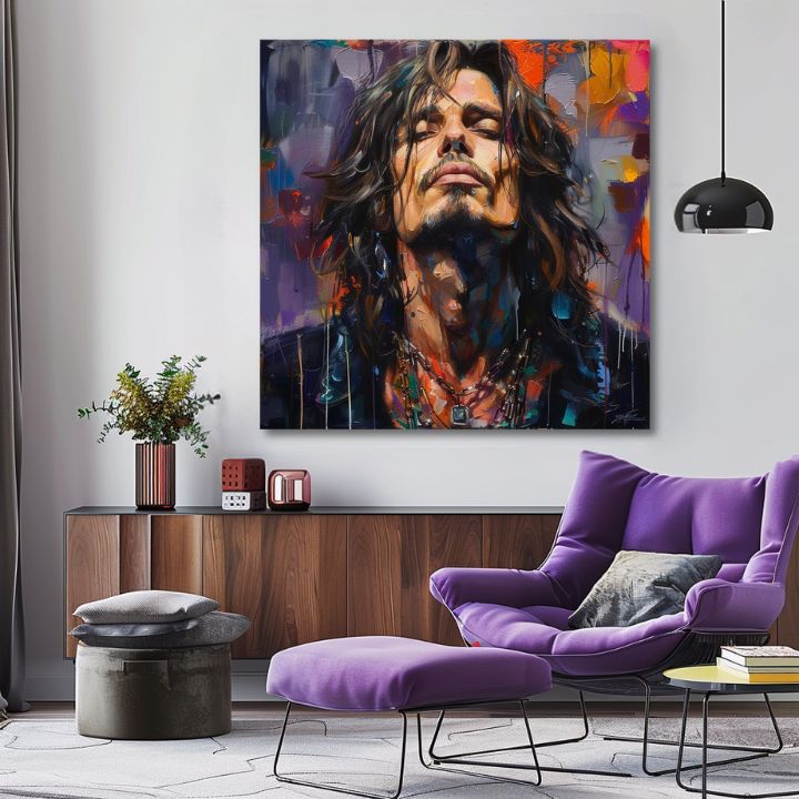 Moderný obraz na plátne s motívom Chris Cornell - Hlas grunge scény v fialovo-oranžových odtieňoch, rock and roll | Obraz Chris Cornell - Hlas grunge scény – produkt