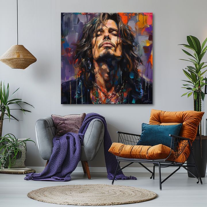 Moderný obraz na plátne s motívom Chris Cornell - Hlas grunge scény v fialovo-oranžových odtieňoch, rock and roll | Obraz Chris Cornell - Hlas grunge scény – produkt, pohľad 2